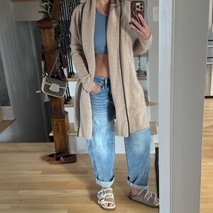 Vince Yak wool cardigan long coat open front oatmeal leather trim oversized